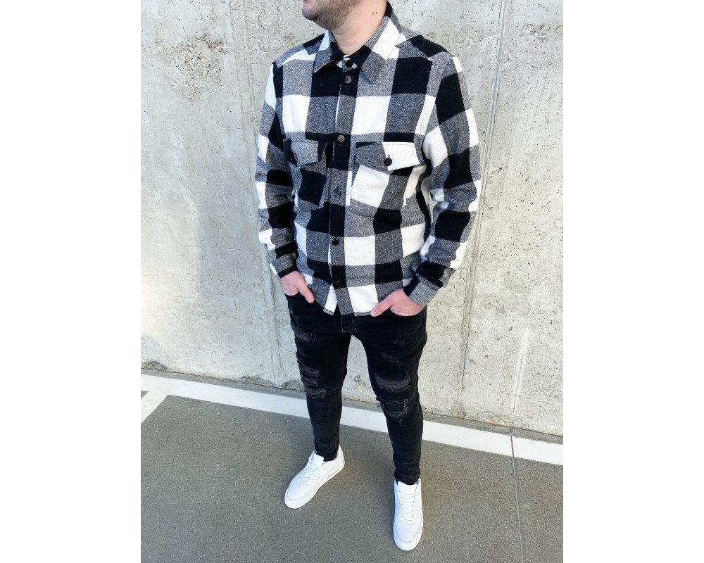 Мужская байковая рубашка черная с белым клетка