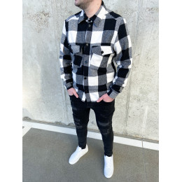 Тепла байкова сорочка класичного крою чорний с білим