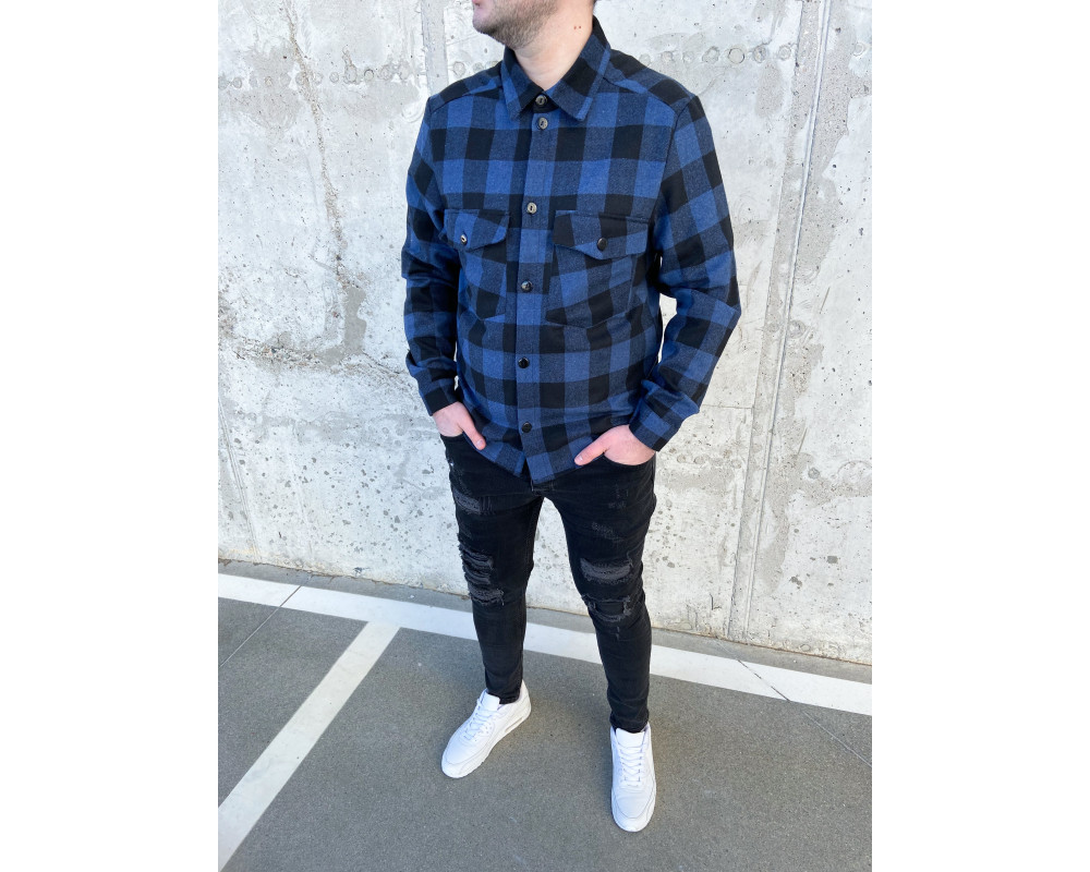 Чоловіча байкова сорочка чорна с синім клітина