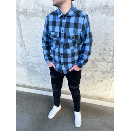 Тепла байкова сорочка класичного крою чорний с блакитним