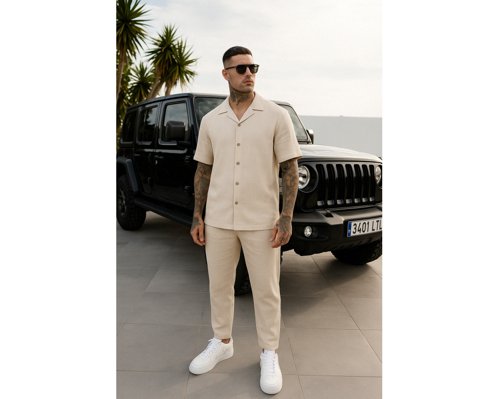 Мужской летний костюм льняной рубашка и штаны бежевый Мужской летний костюм льняной рубашка и штаны бежевый