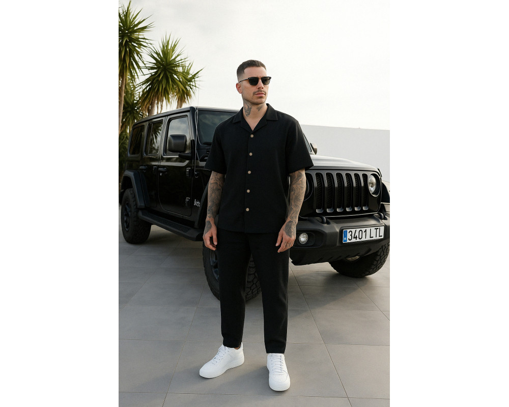 Мужской летний костюм льняной рубашка и штаны черный Мужской летний костюм льняной рубашка и штаны черный