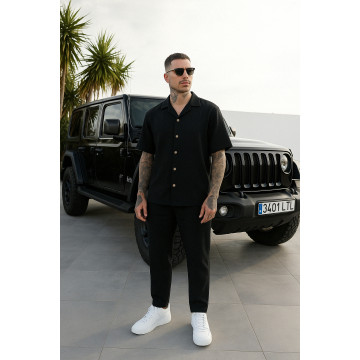 Мужской летний костюм льняной рубашка и штаны черный Мужской летний костюм льняной рубашка и штаны черный