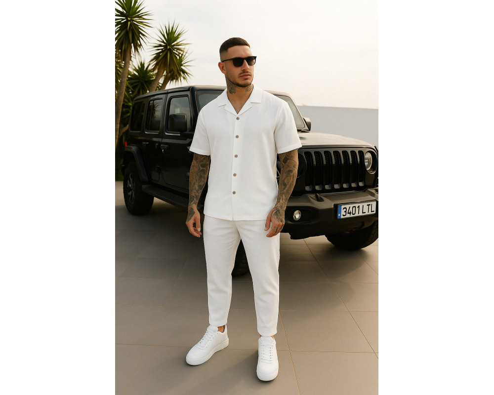 Мужской летний костюм льняной рубашка и штаны молочный Мужской летний костюм льняной рубашка и штаны молочный