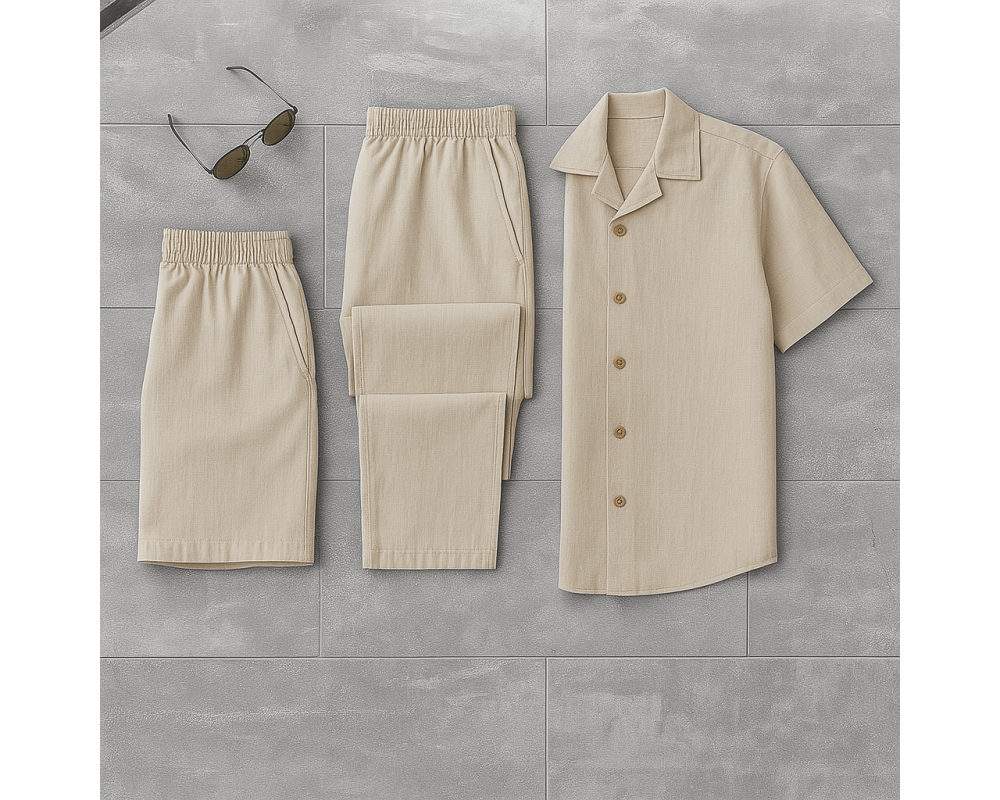 Комплект 3в1 из льна, рубашка, брюки и шорты цвет бежевый Комплект 3в1 из льна, рубашка, брюки и шорты цвет бежевый