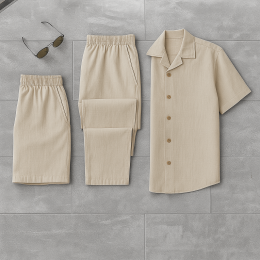 Комплект 3в1 из льна, рубашка, брюки и шорты цвет бежевый Комплект 3в1 из льна, рубашка, брюки и шорты цвет бежевый