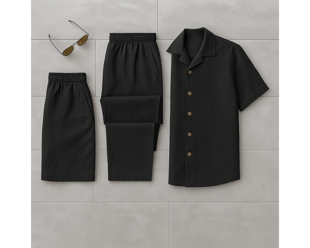 Комплект 3в1 из льна, рубашка, брюки и шорты цвет чёрный Комплект 3в1 из льна, рубашка, брюки и шорты цвет чёрный