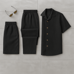 Комплект 3в1 из льна, рубашка, брюки и шорты цвет чёрный Комплект 3в1 из льна, рубашка, брюки и шорты цвет чёрный