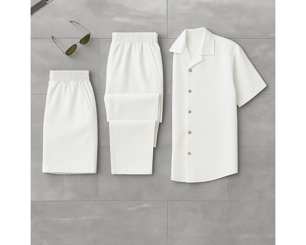 Комплект 3в1 из льна, рубашка, брюки и шорты цвет белый Комплект 3в1 из льна, рубашка, брюки и шорты цвет белый