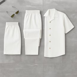 Комплект 3в1 из льна, рубашка, брюки и шорты цвет белый Комплект 3в1 из льна, рубашка, брюки и шорты цвет белый