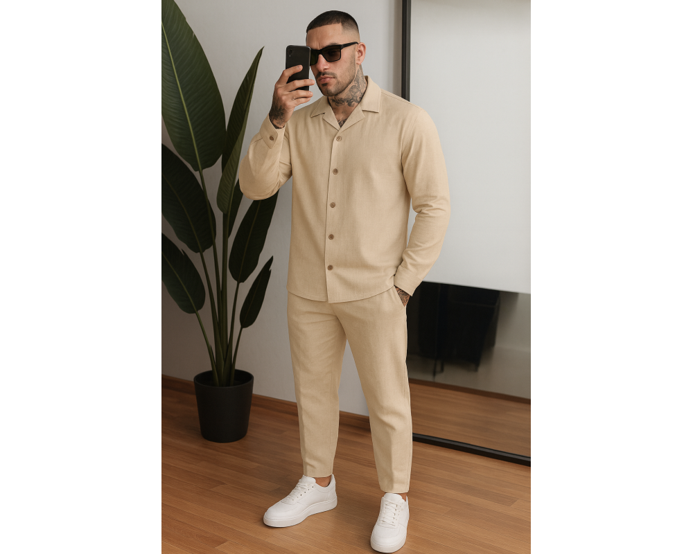 Мужской льняной костюм рубашка длинный рукав и штаны бежевый Мужской льняной костюм рубашка длинный рукав и штаны бежевый