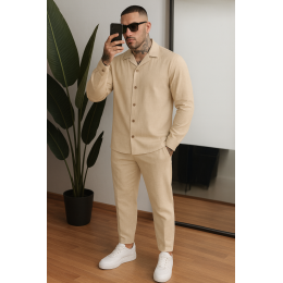Мужской льняной костюм рубашка длинный рукав и штаны бежевый Мужской льняной костюм рубашка длинный рукав и штаны бежевый