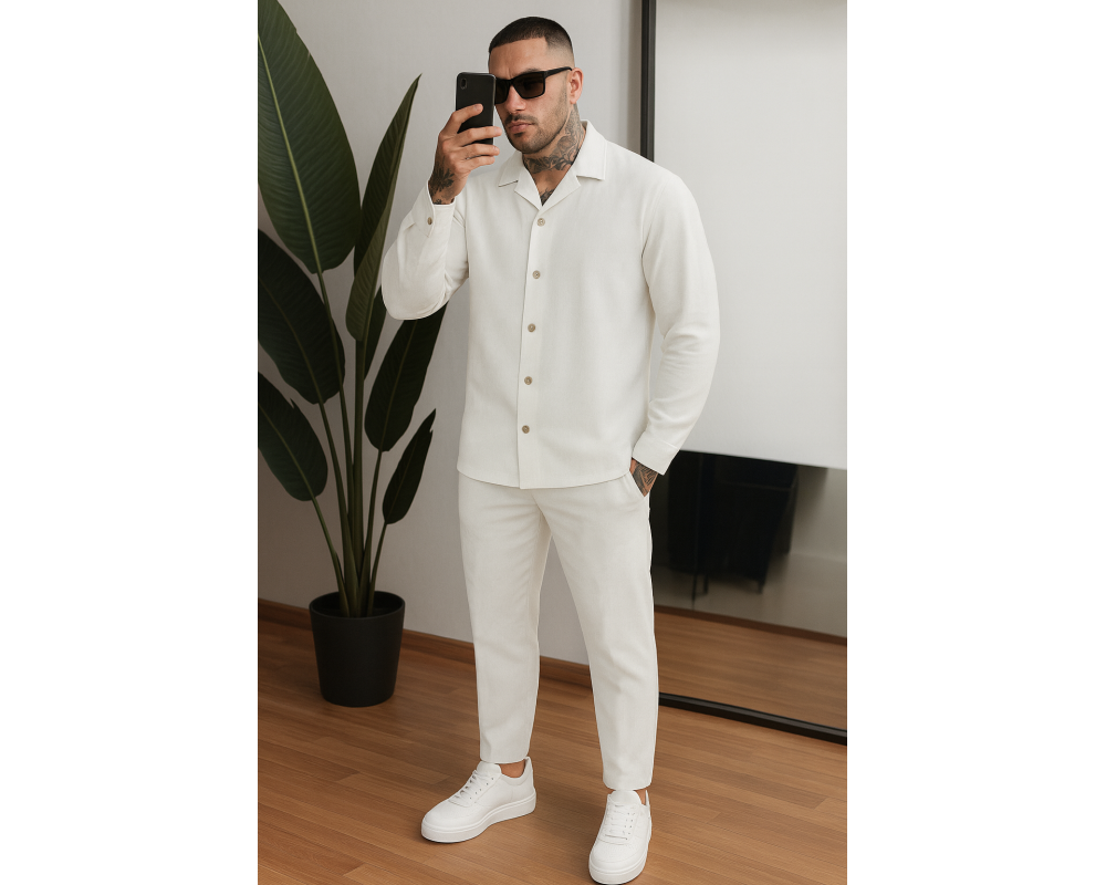Мужской льняной костюм рубашка длинный рукав и штаны белый Мужской льняной костюм рубашка длинный рукав и штаны белый