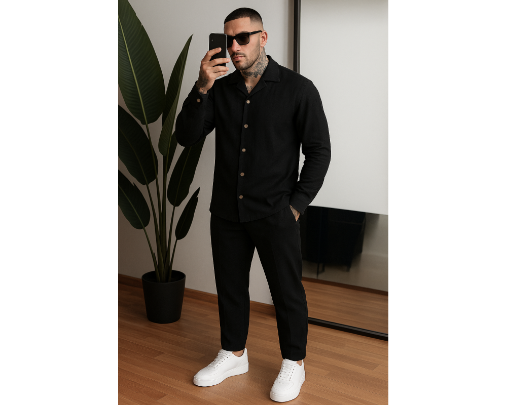 Мужской льняной костюм рубашка длинный рукав и штаны чёрный Мужской льняной костюм рубашка длинный рукав и штаны чёрный