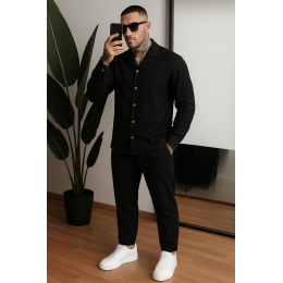 Мужской льняной костюм рубашка длинный рукав и штаны чёрный Мужской льняной костюм рубашка длинный рукав и штаны чёрный