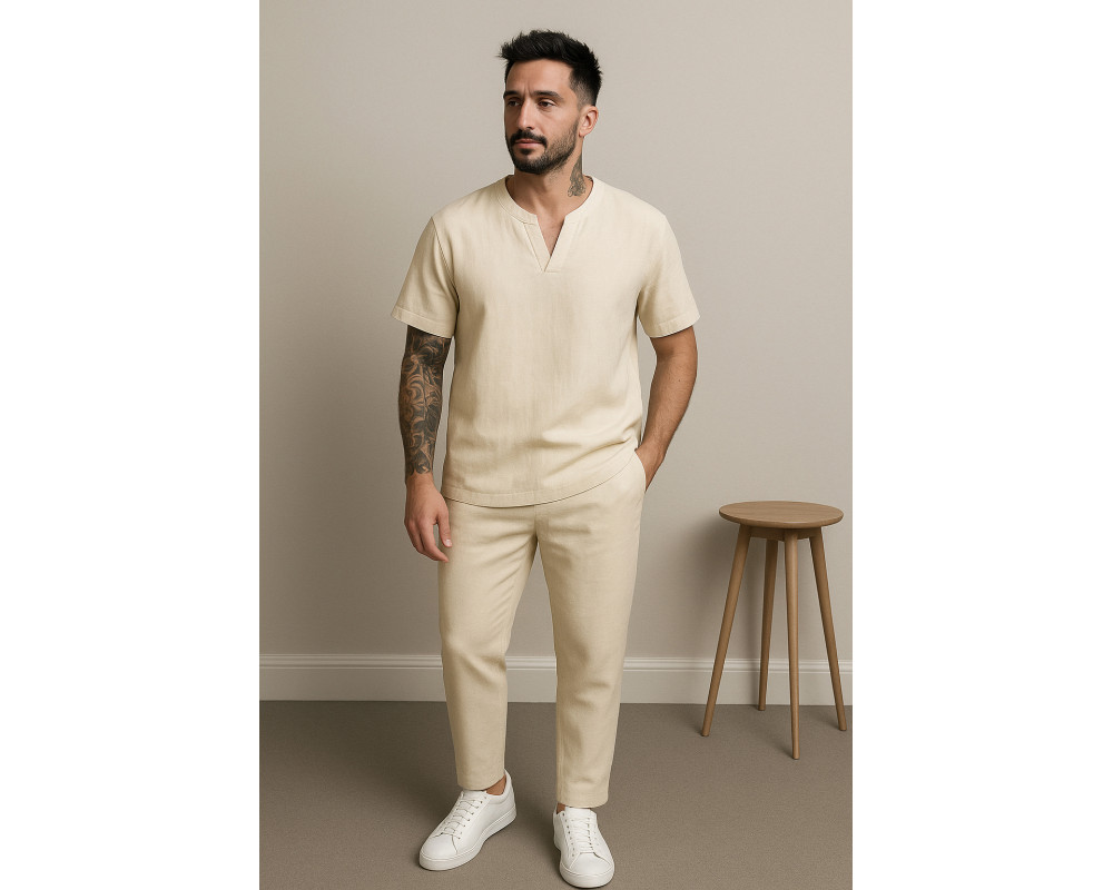 Мужской летний костюм льняной футболка и штаны бежевый Мужской летний костюм льняной футболка и штаны бежевый