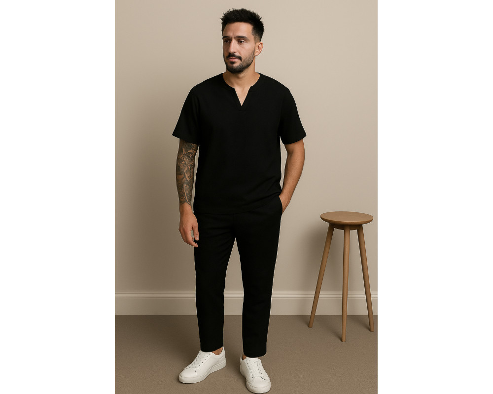 Мужской летний костюм льняной футболка и штаны черный Мужской летний костюм льняной футболка и штаны черный