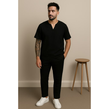 Мужской летний костюм льняной футболка и штаны черный Мужской летний костюм льняной футболка и штаны черный