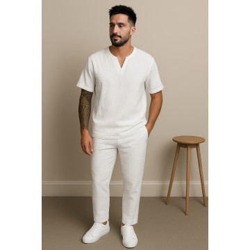 Мужской летний костюм льняной футболка и штаны молочный Мужской летний костюм льняной футболка и штаны молочный