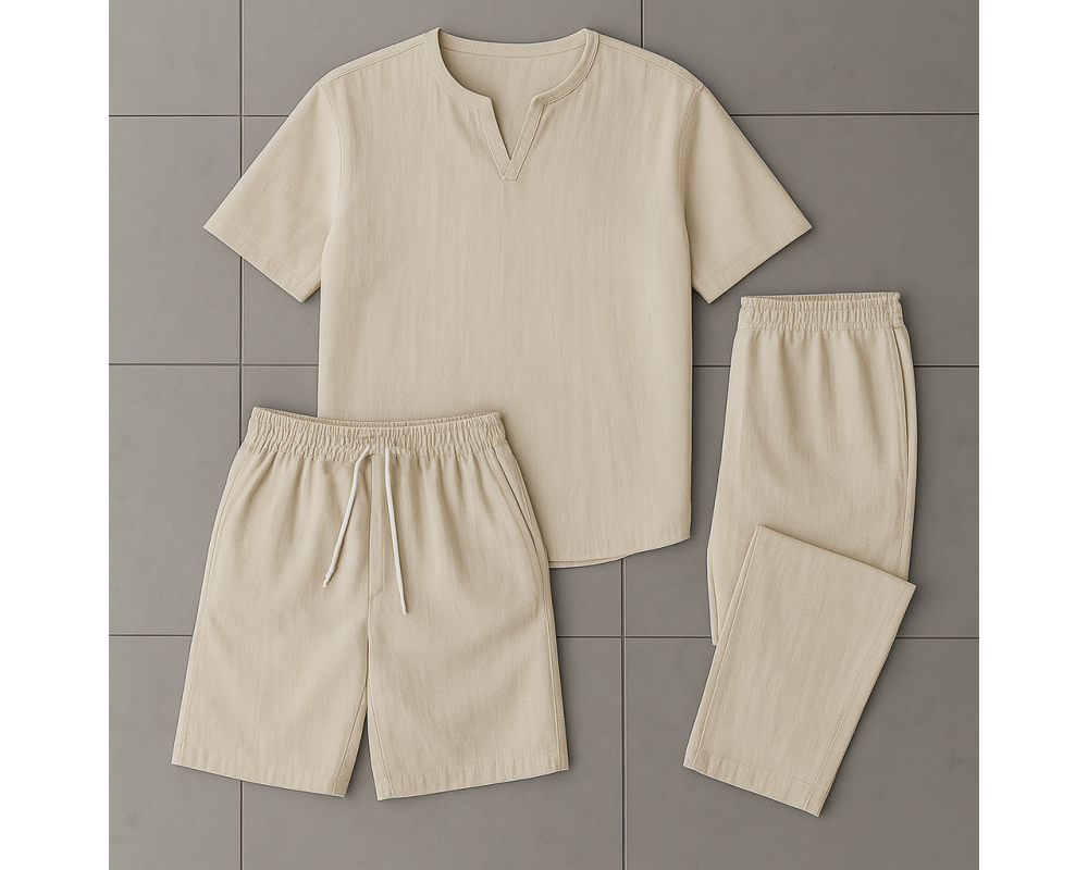 Комплект 3в1 из льна, футболка, брюки и шорты цвет бежевый Комплект 3в1 из льна, футболка, брюки и шорты цвет бежевый