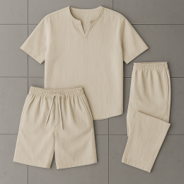 Комплект 3в1 из льна, футболка, брюки и шорты цвет бежевый Комплект 3в1 из льна, футболка, брюки и шорты цвет бежевый