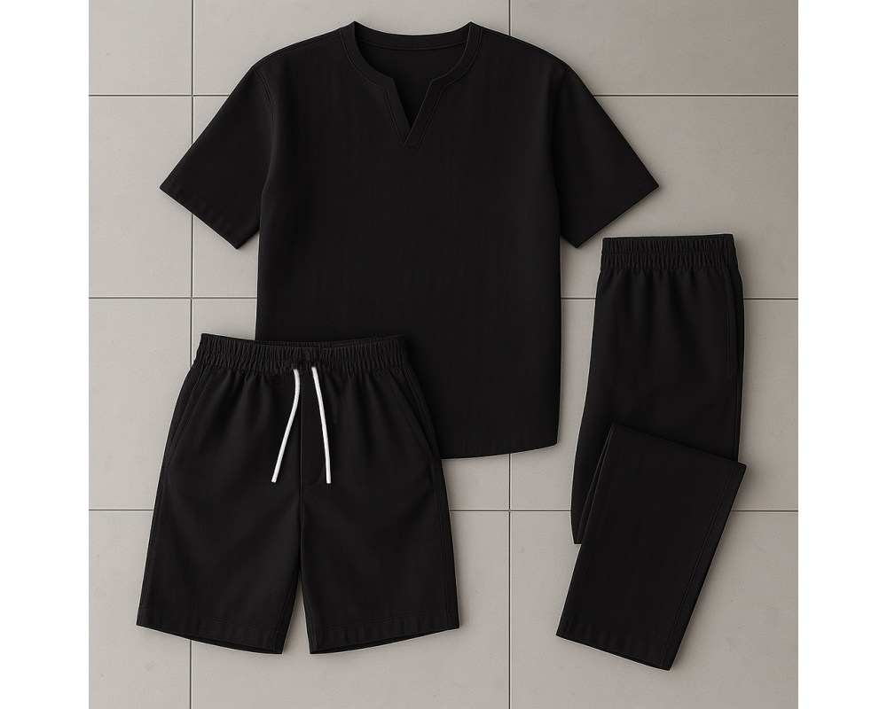 Комплект 3в1 из льна, футболка, брюки и шорты цвет чёрный Комплект 3в1 из льна, футболка, брюки и шорты цвет чёрный