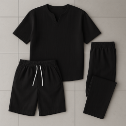 Комплект 3в1 из льна, футболка, брюки и шорты цвет чёрный Комплект 3в1 из льна, футболка, брюки и шорты цвет чёрный