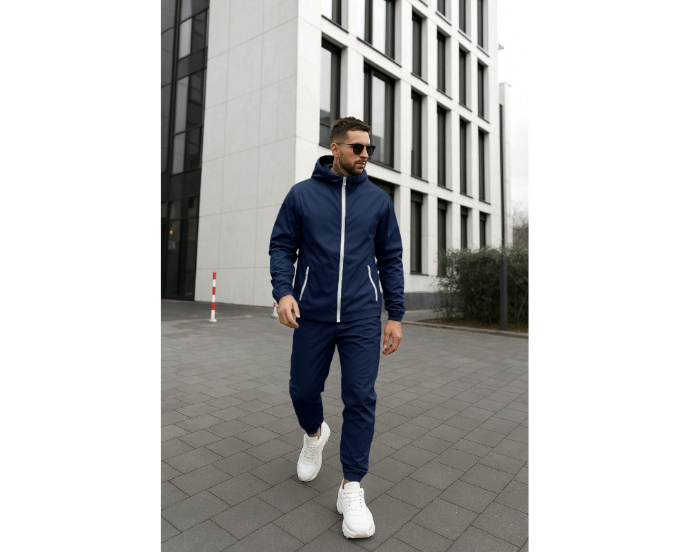 Комплект синяя ветровка белая змейка+ спорт. штаны из плащевки