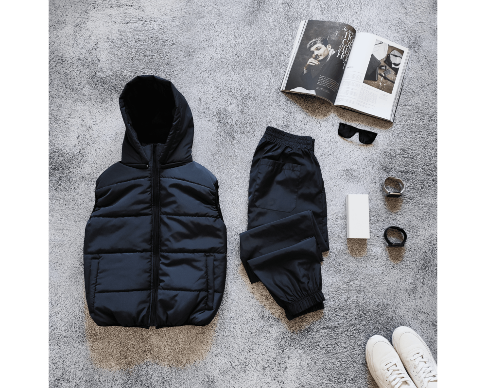 Комплект синяя жилетка + спорт. штаны из плащевки Комплект синяя жилетка + спорт. штаны из плащевки