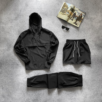 Черный комплект тройка, анорак + штаны + шорты  Черный комплект тройка, анорак + штаны + шорты