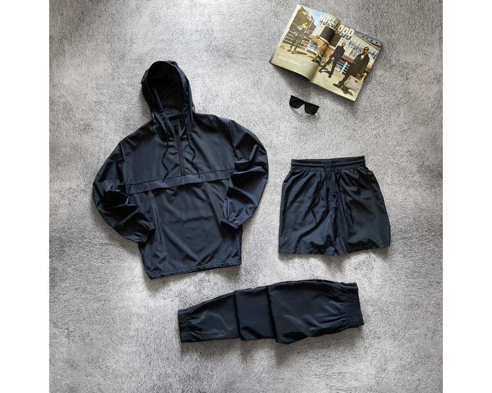 Синий комплект тройка, анорак + штаны + шорты  Синий комплект тройка, анорак + штаны + шорты