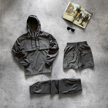 Серый комплект тройка, анорак + штаны + шорты  Серый комплект тройка, анорак + штаны + шорты