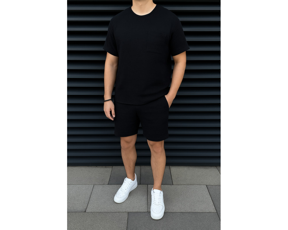 Мужской летний костюм из муслина футболка с карманом черный Мужской летний костюм из муслина футболка с карманом черный