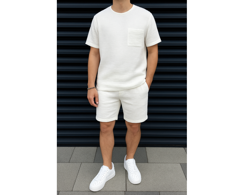 Мужской летний костюм из муслина футболка с карманом молочный Мужской летний костюм из муслина футболка с карманом молочный