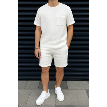 Мужской летний костюм из муслина футболка с карманом молочный Мужской летний костюм из муслина футболка с карманом молочный