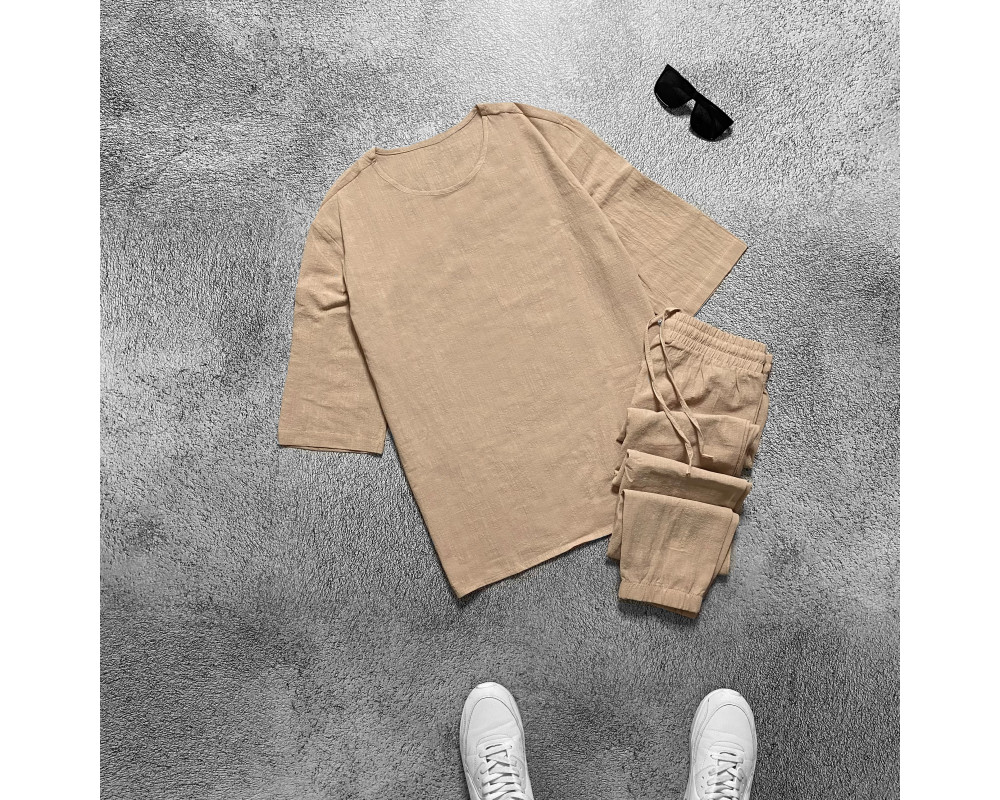 Комплект льняной футболка и штаны бежевый Комплект льняной футболка и штаны бежевый