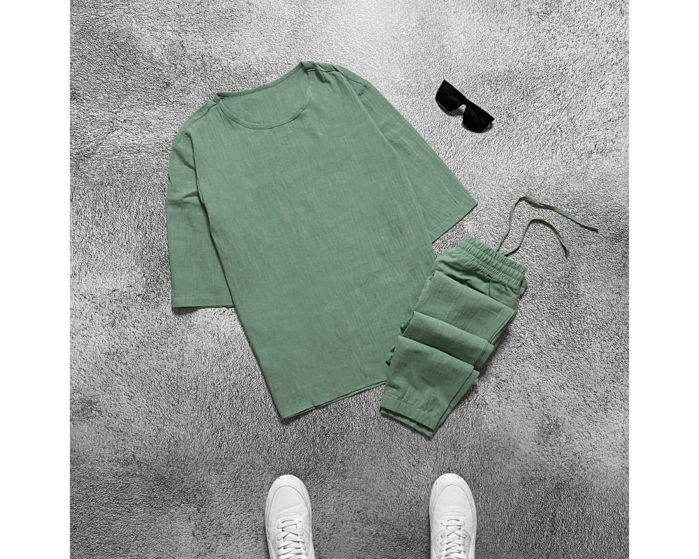 Комплект льняной футболка и штаны мятный Комплект льняной футболка и штаны мятный