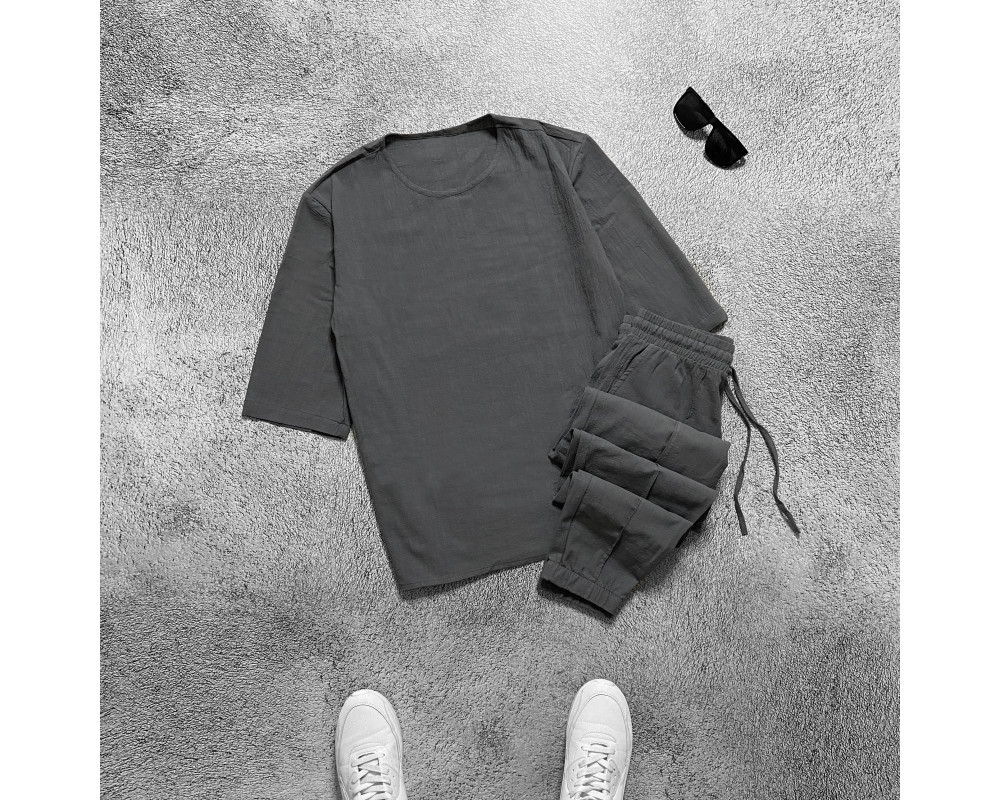 Комплект льняной футболка и штаны серый Комплект льняной футболка и штаны серый