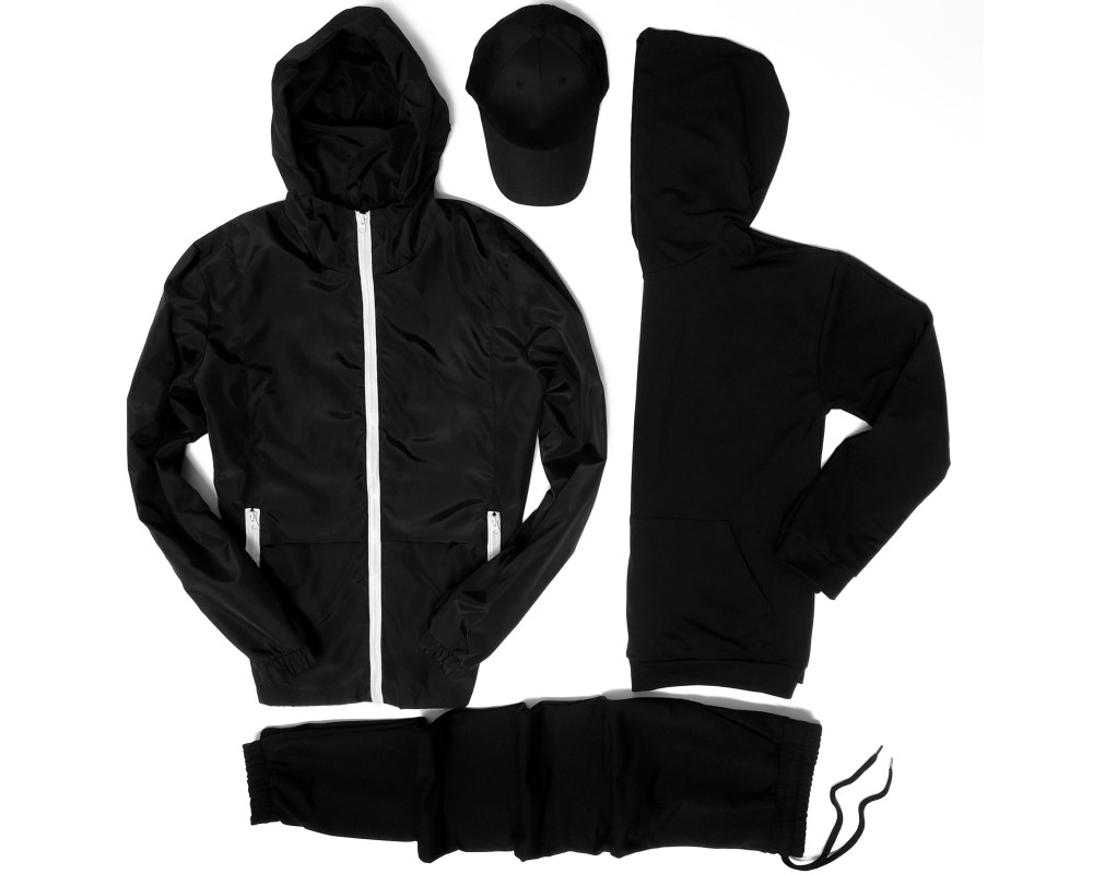 Комплект Black Set, ветровка и черный базовый спортивный костюм Комплект Black Set, ветровка и черный базовый спортивный костюм