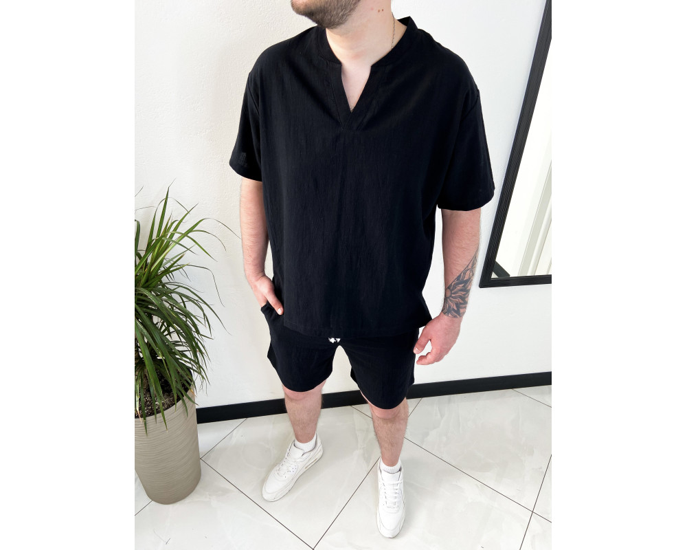  Чоловічий чорний лляний костюм вільного крою футболока та шорти