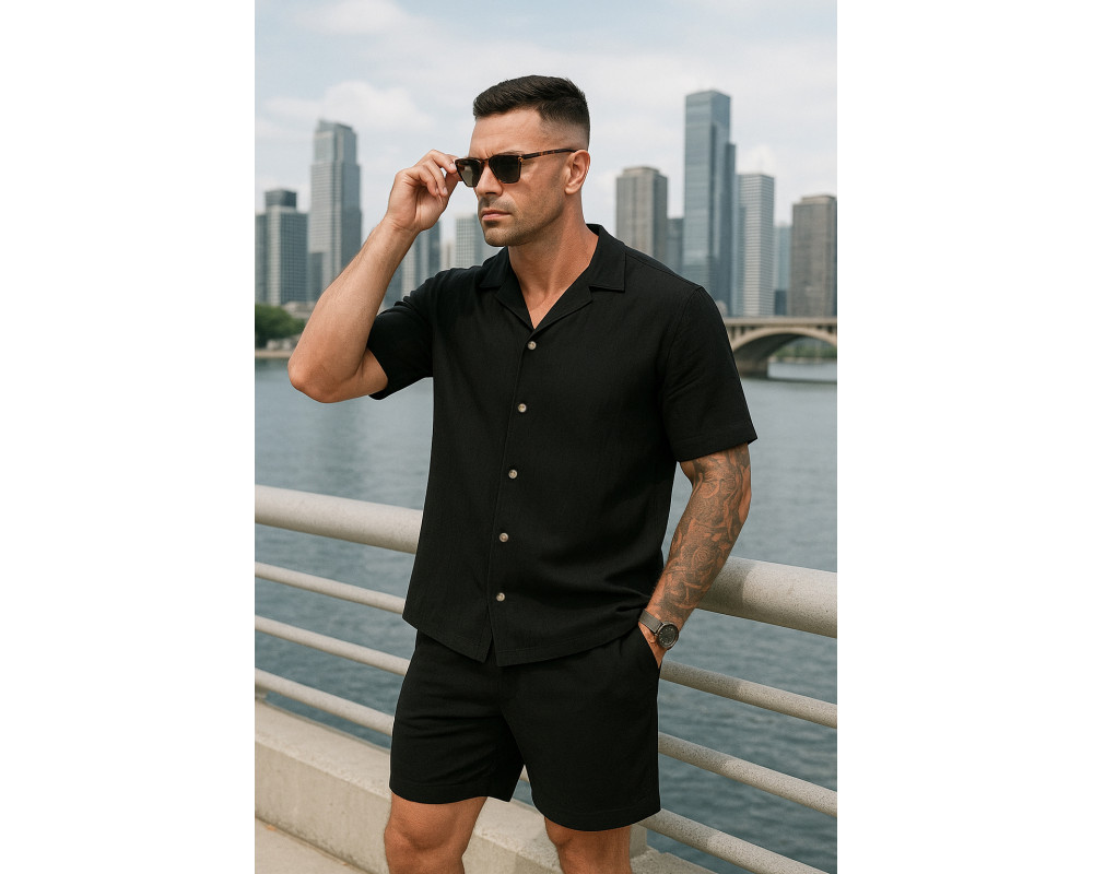 Мужской черный льняной костюм рубашка и шорты Мужской черный льняной костюм рубашка и шорты