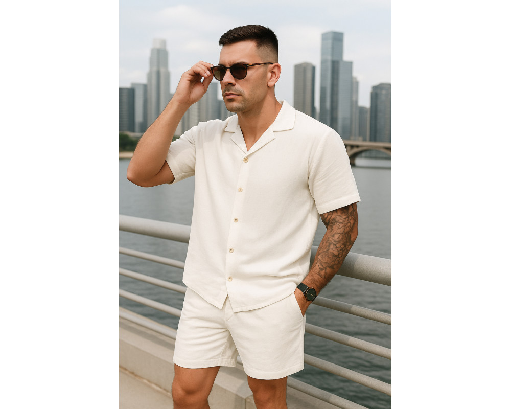 Мужской молочный льняной костюм рубашка и шорты Мужской молочный льняной костюм рубашка и шорты