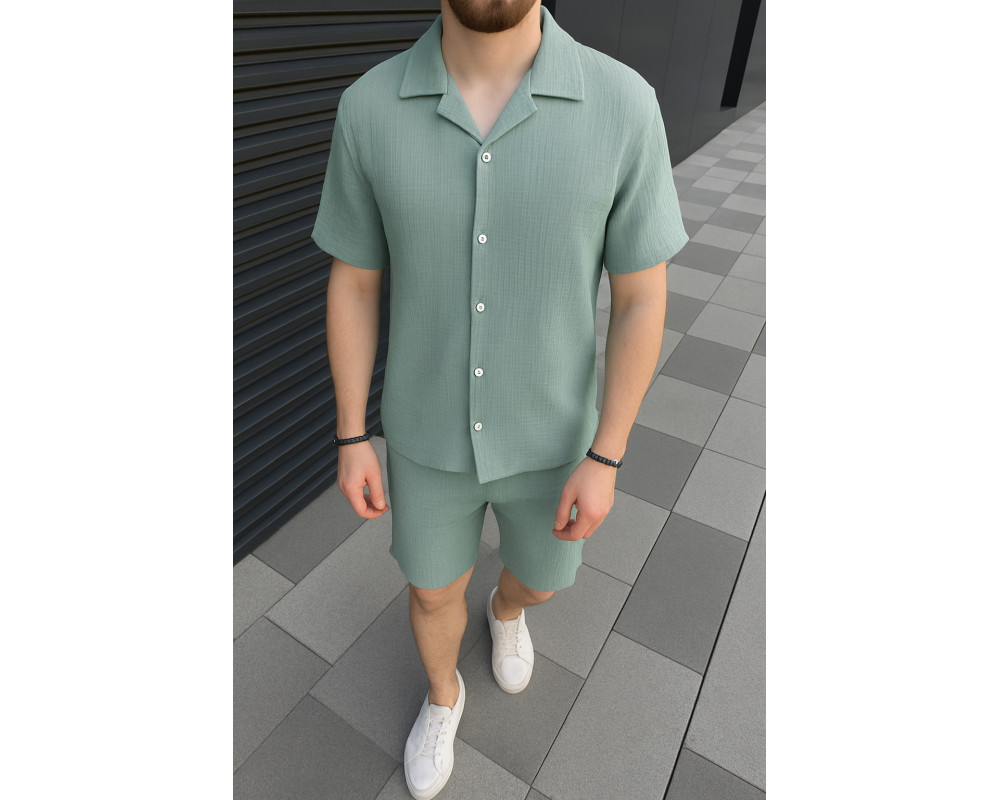 Муслиновый костюм рубашка и шорты мятный Муслиновый костюм рубашка и шорты мятный