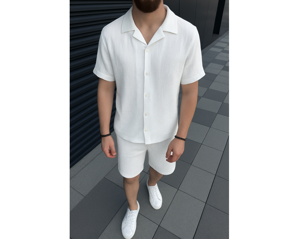Муслиновый костюм рубашка и шорты молочный Муслиновый костюм рубашка и шорты молочный