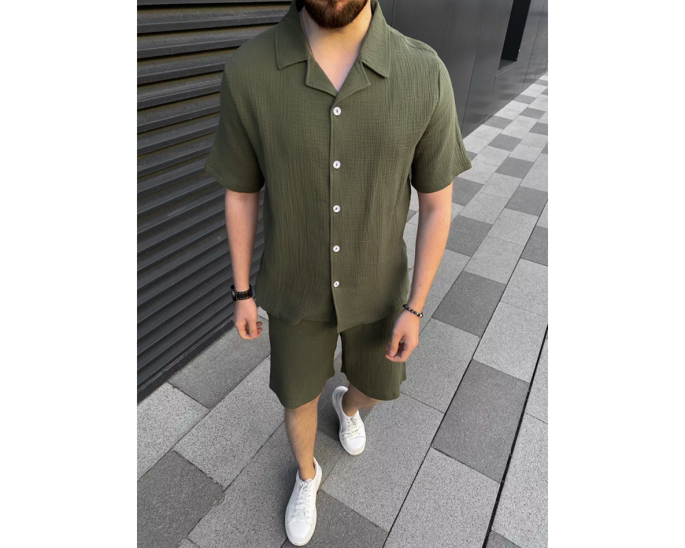 Муслиновый костюм рубашка и шорты хаки Муслиновый костюм рубашка и шорты хаки