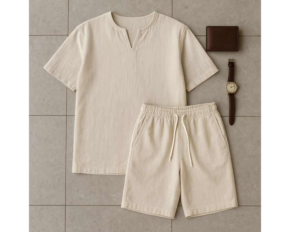 Мужской льняной костюм футболка и шорты бежевий Мужской льняной костюм футболка и шорты бежевий