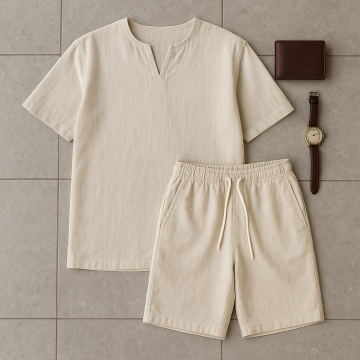 Мужской льняной костюм футболка и шорты бежевий