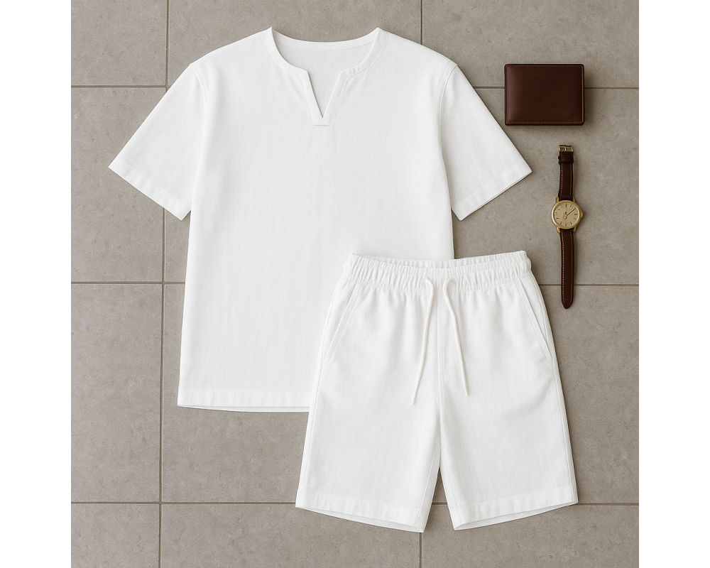 Мужской льняной костюм футболка и шорты молочный Мужской льняной костюм футболка и шорты молочный