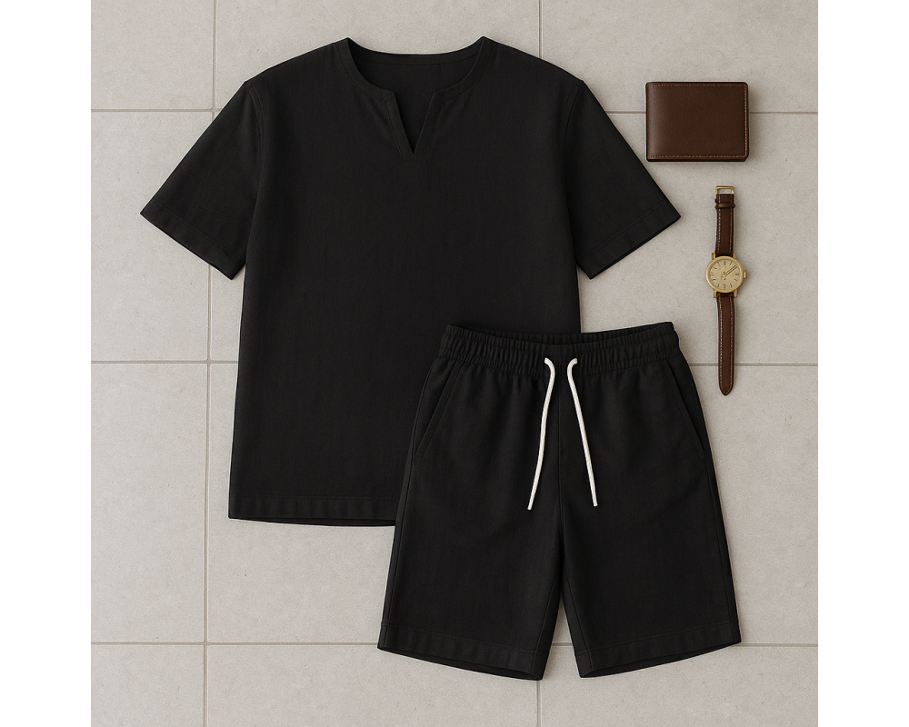 Мужской льняной костюм футболка и шорты черный Мужской льняной костюм футболка и шорты черный