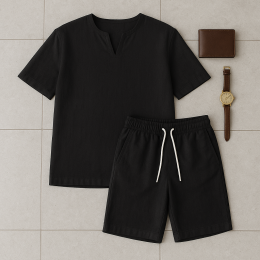 Мужской льняной костюм футболка и шорты черный Мужской льняной костюм футболка и шорты черный